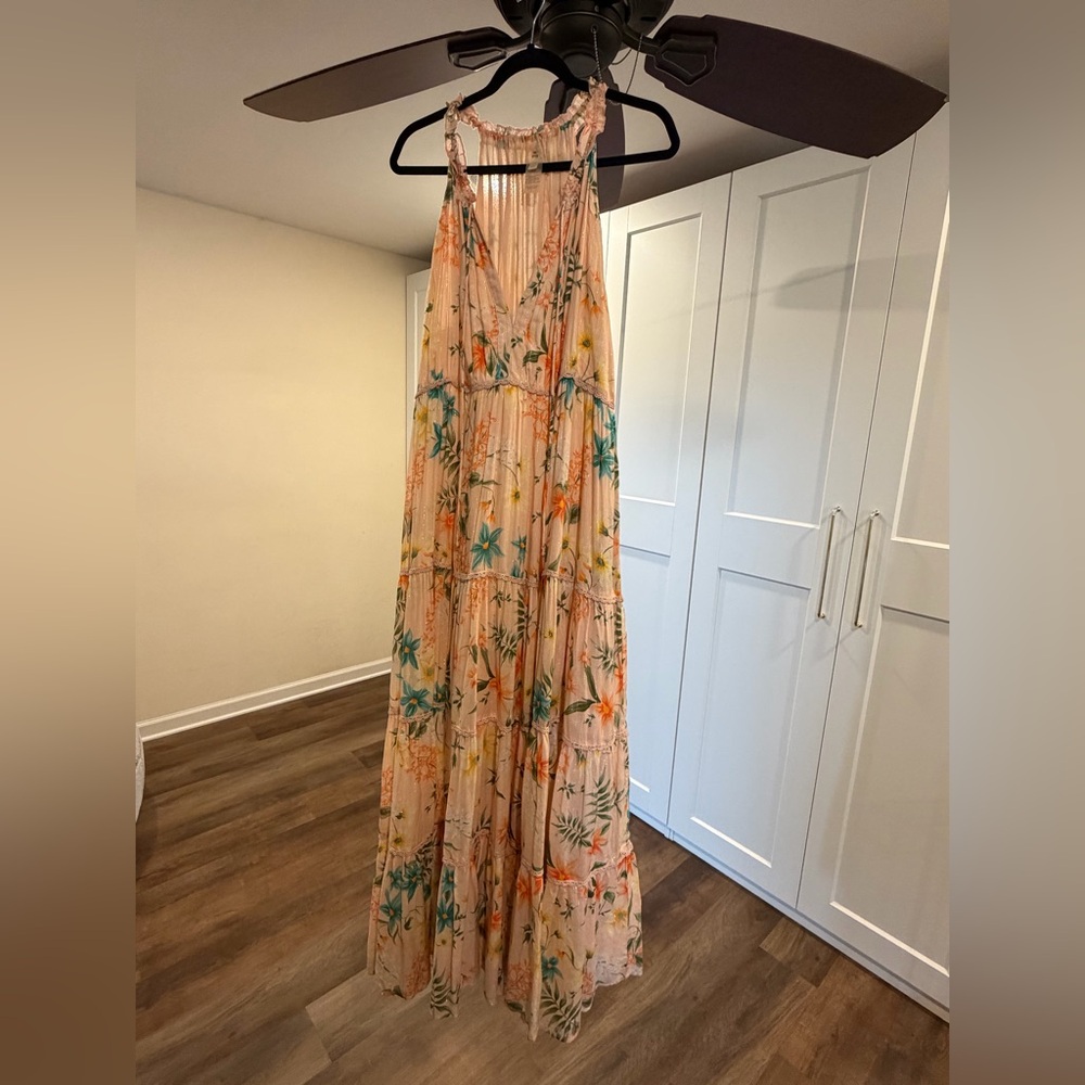 PQ Swim Peach Floral Tiered Maxi Dress with Teal & Orange Accents